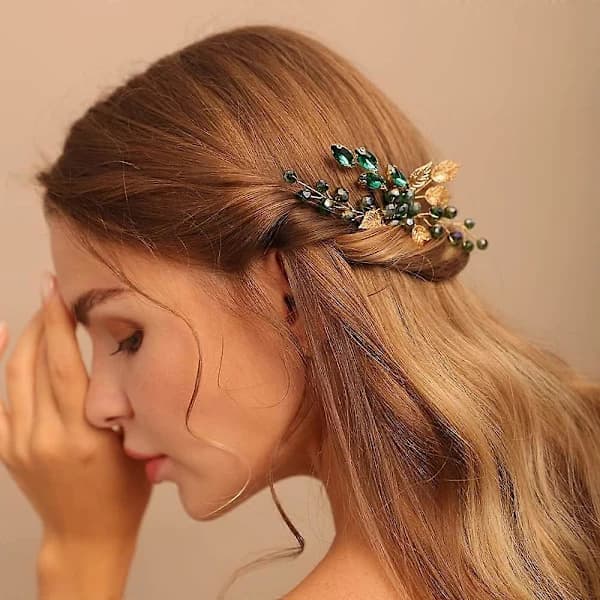 Kvinner Gullblad Hodeplagg Smaragdgrønn Krystall Hårvin Kam Bryllup Hårtilbehør Rhinestone Hårstykke Gave til Hennes Fest Hodeplagg for Brud
