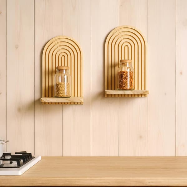 2-pack Boho Wood Wall Mounted Shelf - Handmade Rainbow Arch Floating Shelves Trinket Storage Modern Wall Decor burlywood