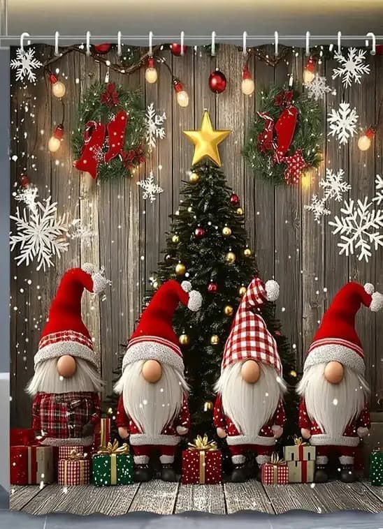 Christmas Duschdraperi med Tomtar, Vattentätt Duschdraperi, Mögelresistent Duschdraperi för Badrum