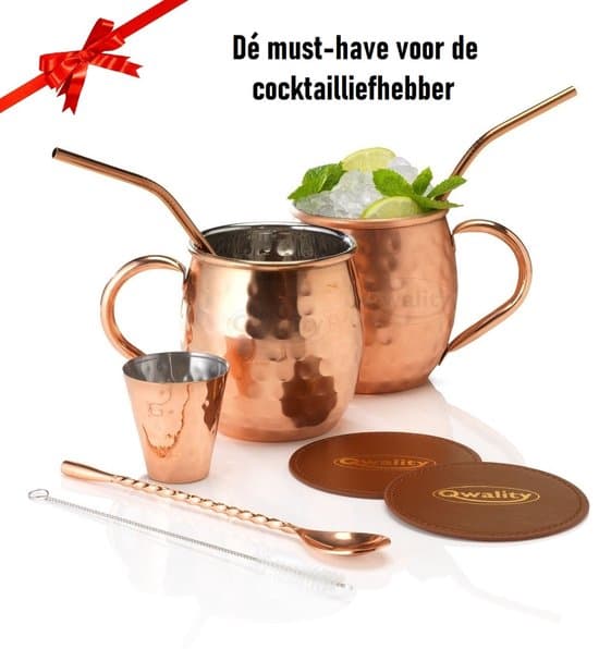 Qwality Moscow Mule Krus Sæt, 500 ml hamret rustfrit stål kobber cocktailkopper med 2 sugerør og coasters, gave til mænd og kvinder
