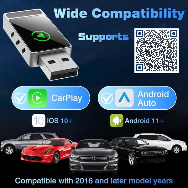 Trådløs CarPlay-adapter 2-i-1 til Android Auto og CarPlay, Plug and Play kablet til trådløs konverter til iPhone iOS 10+ og Android 11+