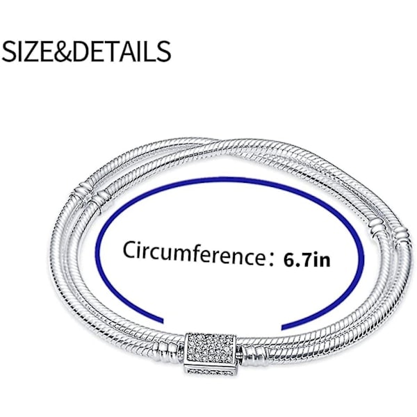 [QD] 925 Sterling Sølv Slangekædearmbånd Fuldt Kompatibelt med Pandora Charms, Sødt Kloarmbånd med Skinnende Rund Lås Charm Transparent Cz Jul