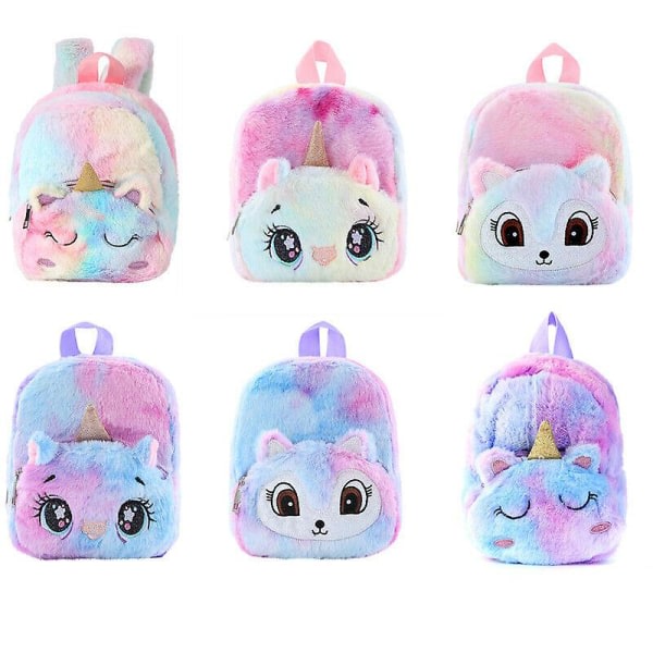 Girls Cute Fluffy Unicorn Plyschryggsäck Skolväskor Reseförvaring Sch Rainbow Squinting Bag