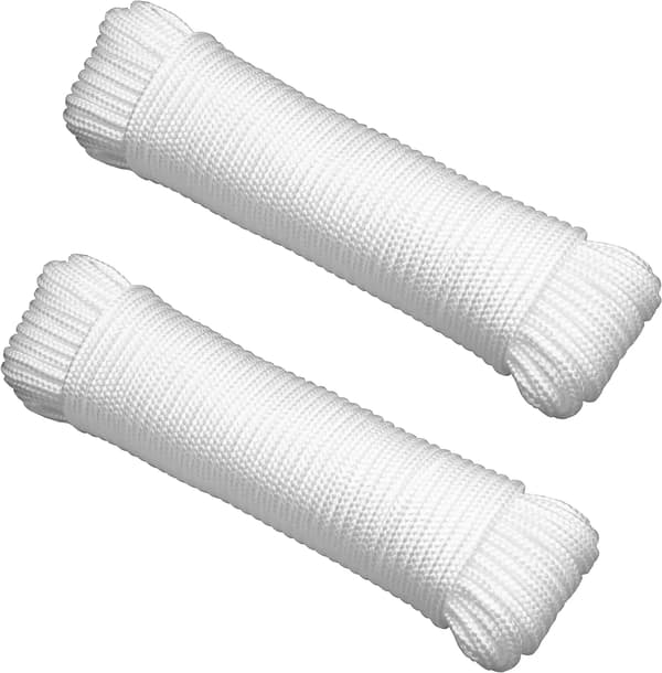 Polypropylentau 30,5 m, 6,35 mm UV-bestandig solid flette for camping og flaggstang, hvit, 2-pakning