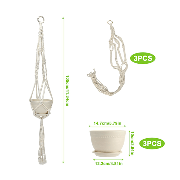 Kasviteline, 3 kpl, ripustusnarujen kanssa, sisätilojen riippuva ruukkuteline sisustukseen_FO 18.3cm