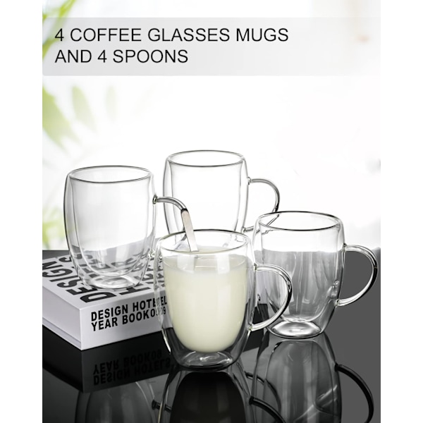 QU*LIBWYS 4 kpl 350 ml kahvikuppeja, joissa on kaksoisseinämät, lasimukit 4 lusikalla, cappuccino latte -teekupit kahvoilla, lämmönkestävä kuppi juomalasi