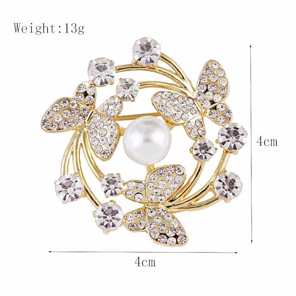 Perle brosje diamantkrans tre sommerfugler