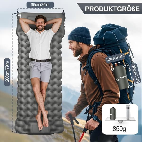 Oppblåsbart liggeunderlag for camping og fotturer, grå