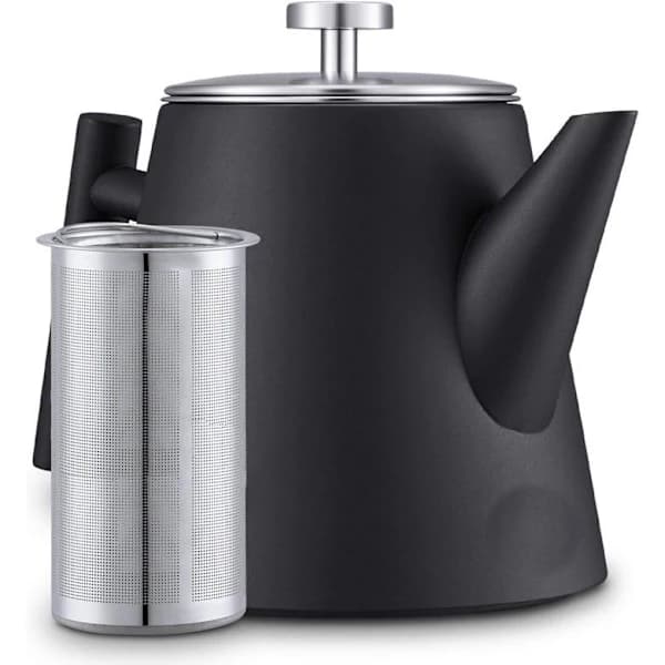 1 Liter Tekande - Isoleret Kedel - Tekande i Rustfrit Stål med Filter - Stor Tekande - Isoleret Tekande med Dobbeltfilter - Sort