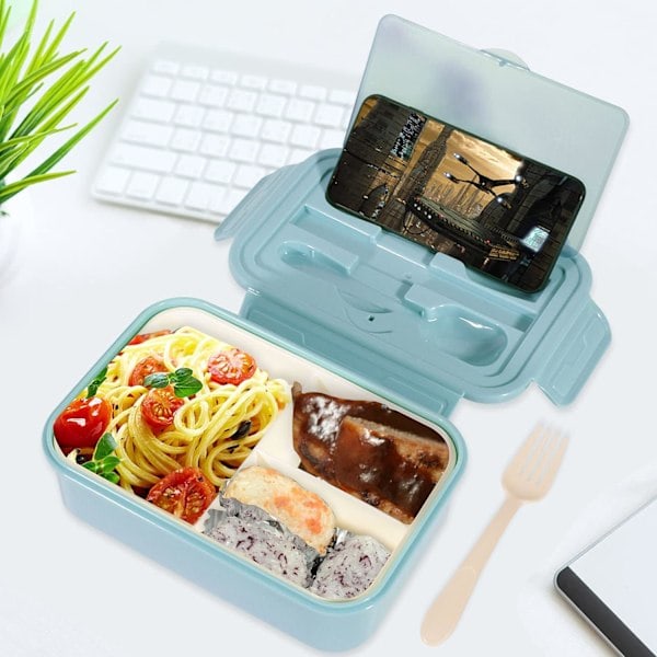 [QD] 1400 ml Bento Matboks, beholder med 3 rom, BPA-fri matboks for voksne og barn, blå