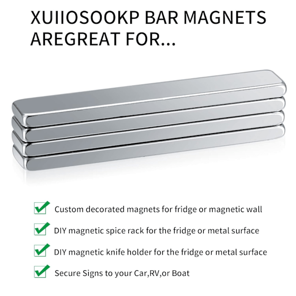[QD] 4 stk. Neodymmagneter, 50x10x3 mm Super Rektangulære Magneter Magnetisk Lim, med 4 stk. dobbeltsidet tape