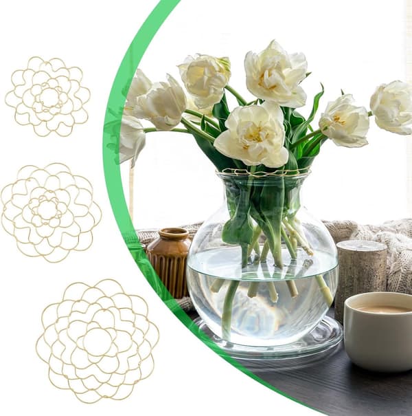 Blomsterarrangement gitter sæt, 3-delt buket holdere i rustfrit stål, blomsterformet guld, til vasearrangementer, 4, 5 & 6 tommer