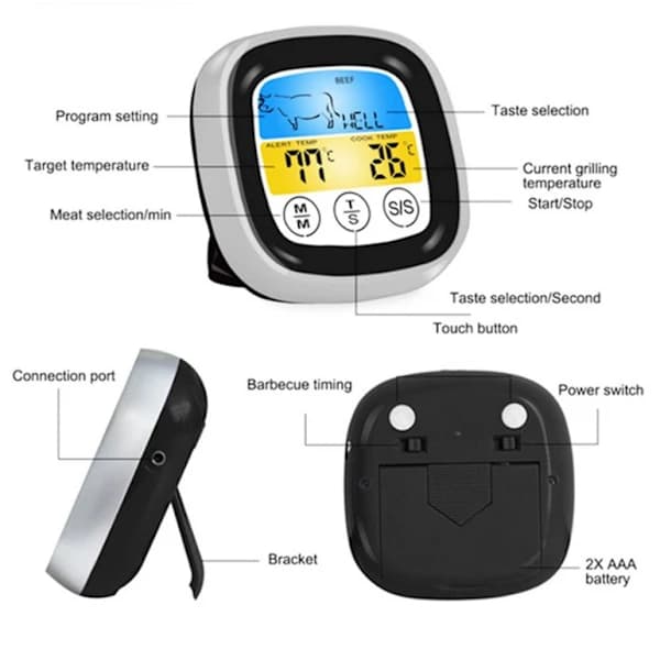 Digital kötttermometer med sond, bakgrundsbelyst LCD-pekskärm, timerlarm för ugn, grill, matlagning, svartgrå
