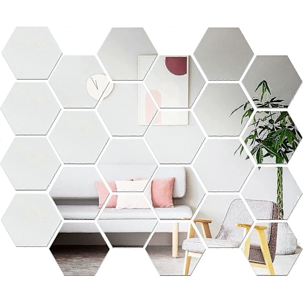 \"QD\" 24 Stycken Akryl Hexagon Speglar, Självhäftande Flexibla Spegelark DIY Konst Spegel för Vardagsrum Sovrum Badrum Soffa TV Bakgrund Väggdekoration