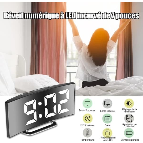 /QD/Digital väckarklocka - Vit - 7'' LED-spegel - 2 ljusstyrkenivåer - USB-laddning - Snooze-funktion