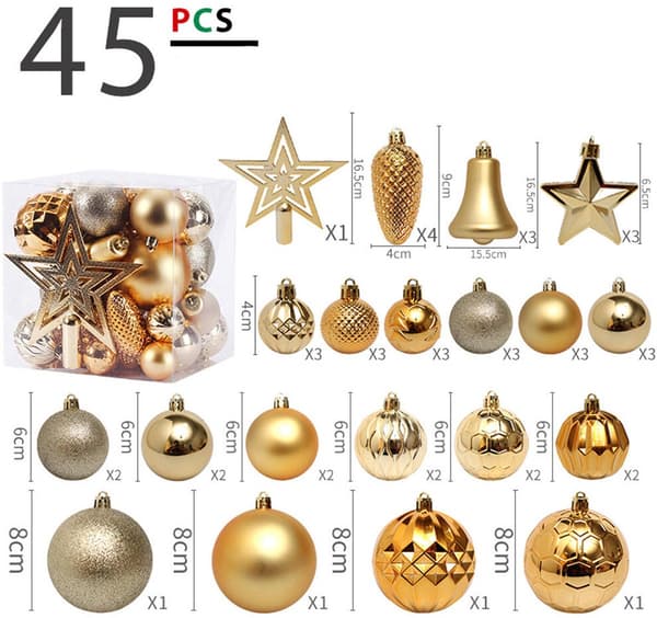 Julepyntsett i plast - 45 deler juletrepynt - Knusesikre kuler med stjerne og kuler 6/8 cm Silver