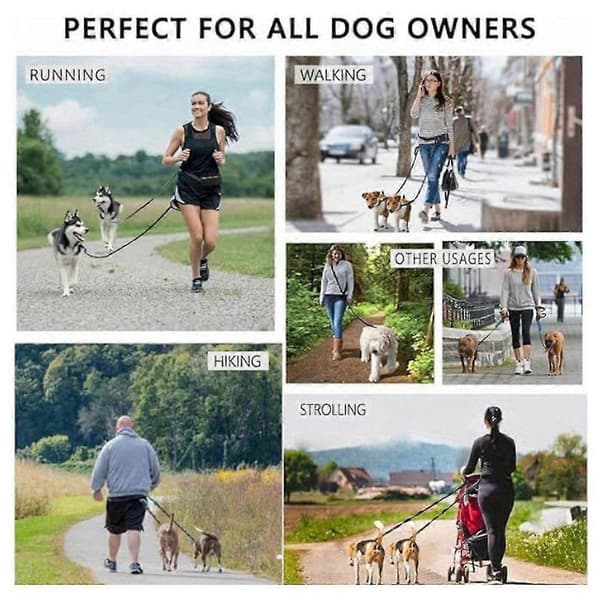 Håndfri hundebånd for 2 hunder, justerbart midjebånd med veske og polstret håndtak, tilbehør for hundelufting Red Two Leashes