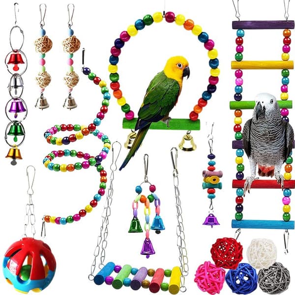 Papegojleksaksset – Gunga, sittpinne, tuggleksaker för parakit, nymfparakit**7-delars set 1 7-piece set 1