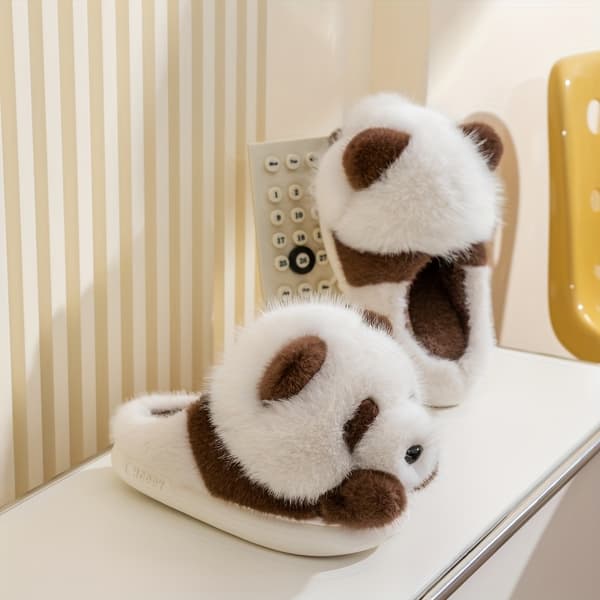 Søde Panda Hjemmesko til Kvinder Efterår Vinter Indendørs Plys Varme Hjemmesko Afslappet Hjemmefodtøj Brown And White EU 34