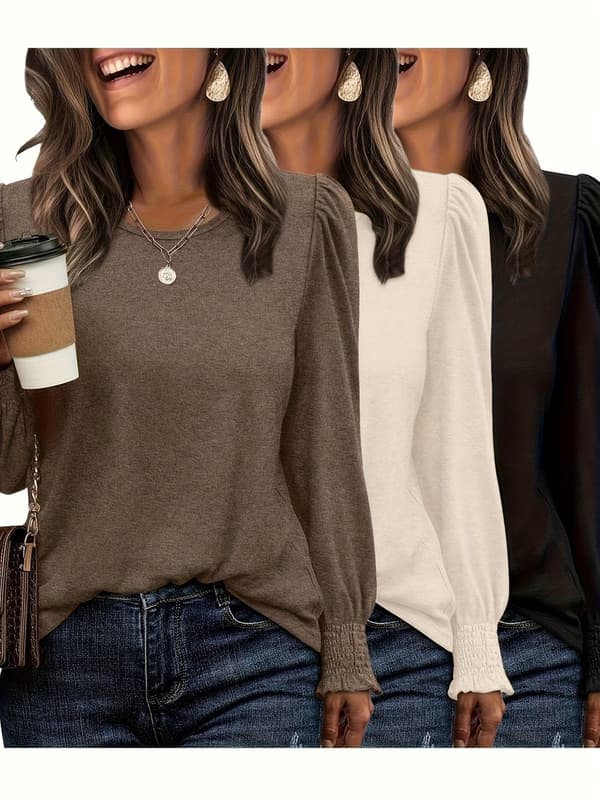 Dame Efterår Mode Top Sæt Flæse Manchet Skjorte Rund Hals Afslappet Puff Ærme T-Shirt Brown+apricot+black M