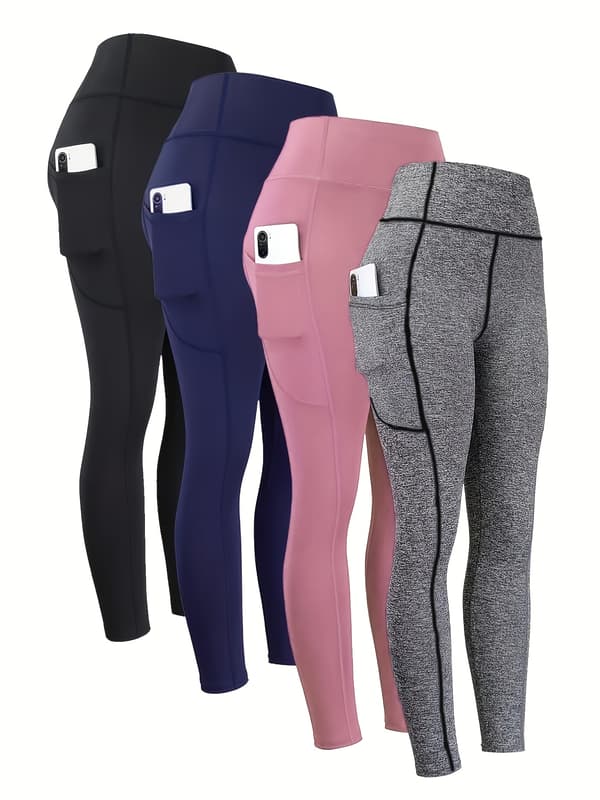 4-pack leggings med M-formad söm, rumplyftande kompressionstights med sidoficka för telefon, smal passform M svart + marinblå + rosa + hampgrå
