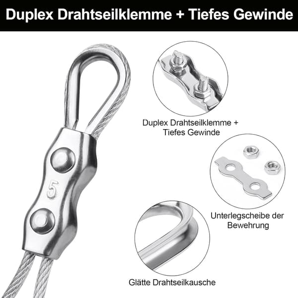 10 stk. 5 mm stålwireklemme + 10 stk. wirebindere, 304 rustfrit stål til 3-4 mm stålwire, tørresnor (f2)