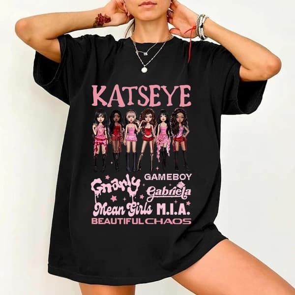 Katseye jentegruppe trykt T-skjorte, trendy kortermet sommertopp for menn og kvinner, oversized passform 13 S