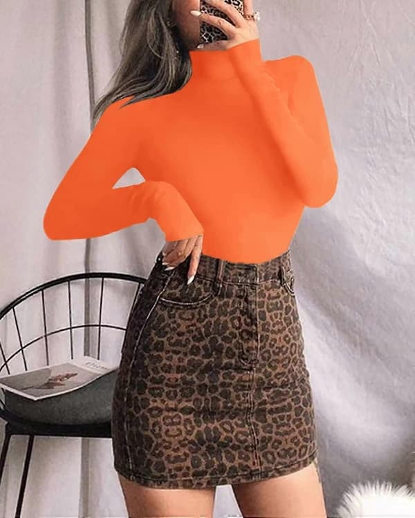 Langærmet Mock Neck Bodysuit til kvinder Jumpsuit Top Long Sleeve Orange Large
