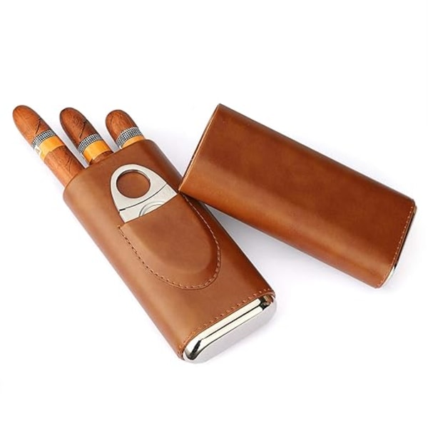 Højkvalitets brun læder cigar etui til 3 cigarer Cigar luftfugter{F2}