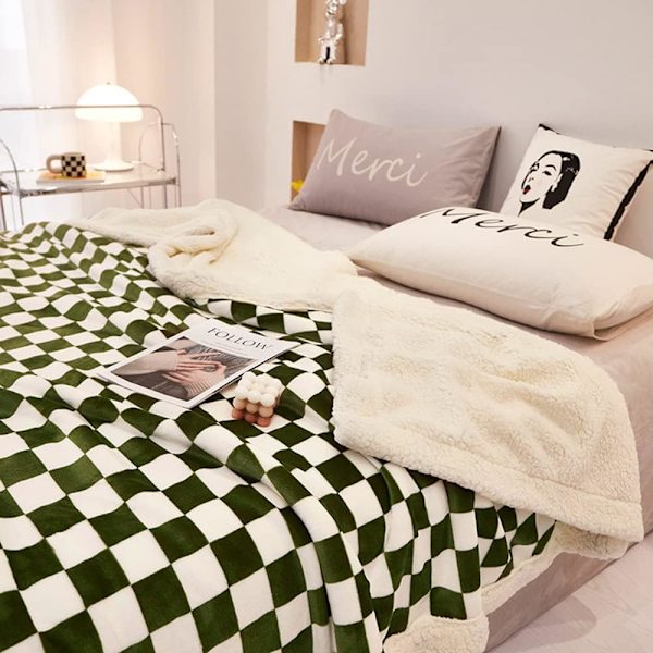 Plaid Fleece Tæppe Blød Flanel Grøn og Hvid Varm og{f2}