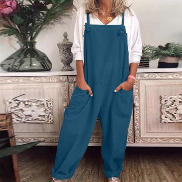 Afslappede løse overalls til kvinder, jumpsuit i bomuld og hør Blue S