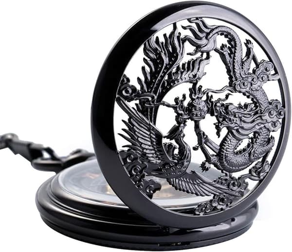 {hw} Antik Mekanisk Fickur Lyckodrake & Fenix (Bästa Önskningar)