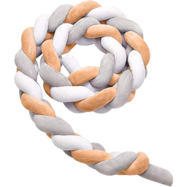 2M Snake Braid Cot Bumper Cushion Soft Braided Sofa Bumper Bumper for Protection of Newborns Bed (White + Gray + Khaki)