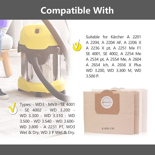 10 kpl pölynimuripusseja Karcher 6.959-130.0 Wd3 Wd3p Mv3 A2204 A2254 A2604 -malleille, korvaavat paperisuodatinpussit märkä- ja kuivaimureille