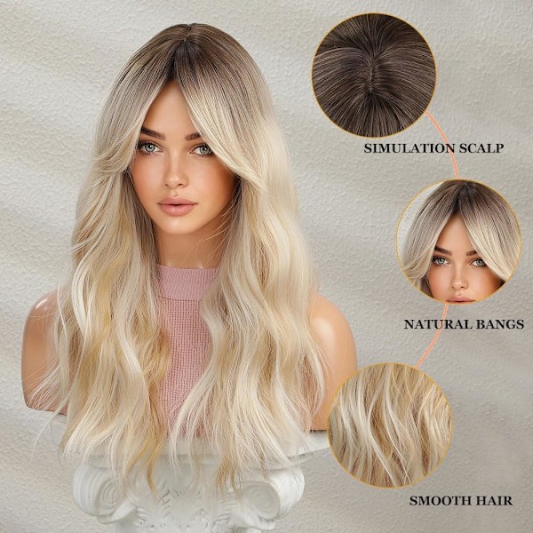 Lång Vågig Gradient Blond Peruk för Kvinnor