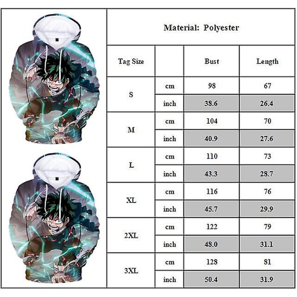 My Hero Academia Hættetrøjer til Voksne Casual Izuku Midoriya 3D Printet Sweatshirt Toppe Hættetrøje Gaver M
