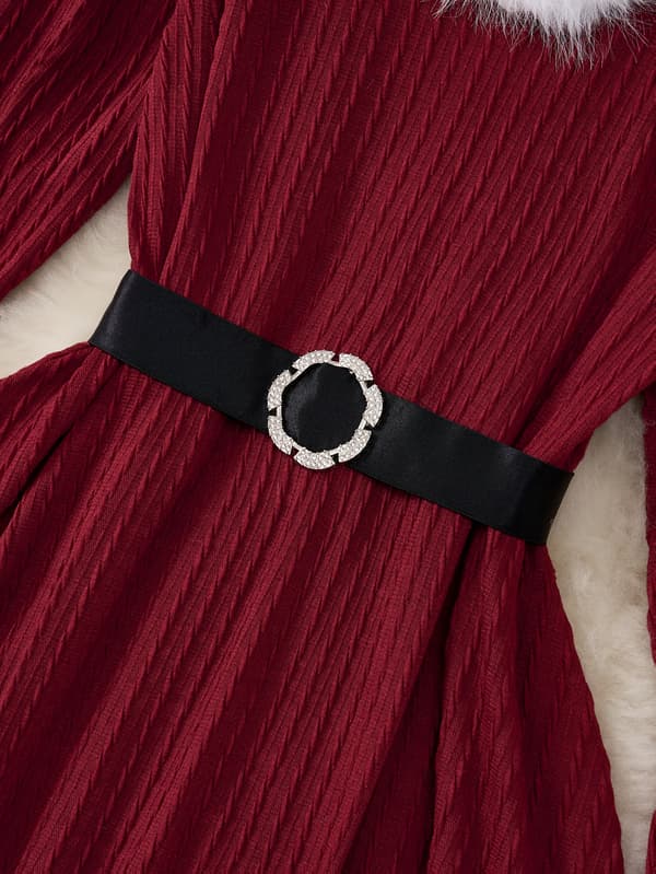 Plus Size Juleaften Swingkjole Langærmet V-hals Jacquard Trimmet med Bælte Burgundy 3XL