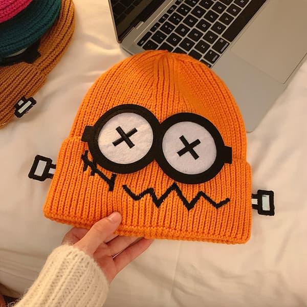Söt och udda stickad mössa för kvinnor, ny höst- och vinterstil, tecknad varm och köldtålig mössa.{F2} Orange
