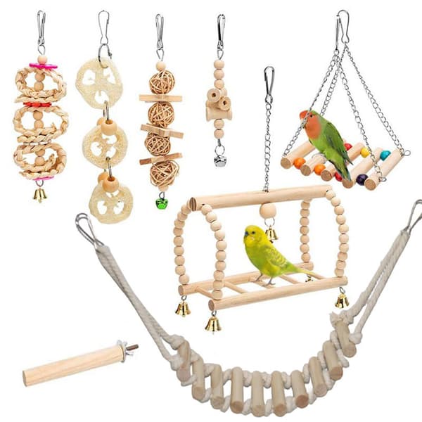 Papegojleksaksset – Gunga, sittpinne, tuggleksaker för parakit, nymfparakit**15-delars set 15-piece set