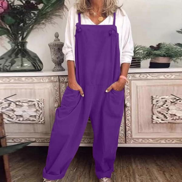 Afslappede løse overalls til kvinder, jumpsuit i bomuld og hør Purple S