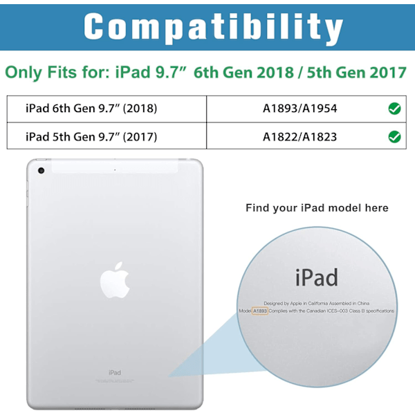 Smart Case til iPad 9,7 tommer iPad 6. / 5. generation 2018 2017 (Model: A1893 A1954 A1822 A1823), Ultra Tynd Letvægts