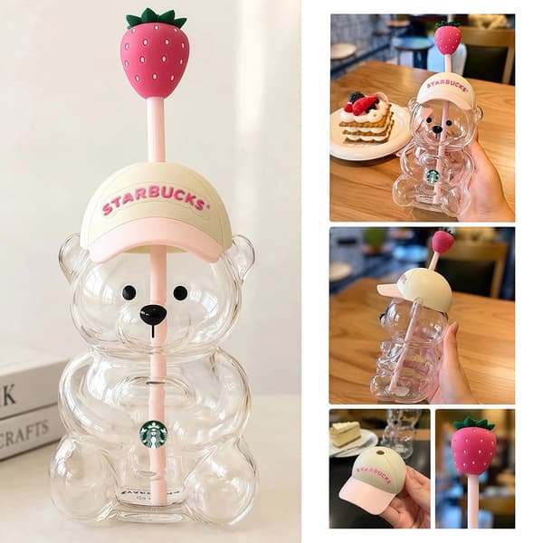 Bearista Björn Glasmugg Ljusblå Sugrör Jordgubbsdekorerad Glas Kall Dryckeskopp A