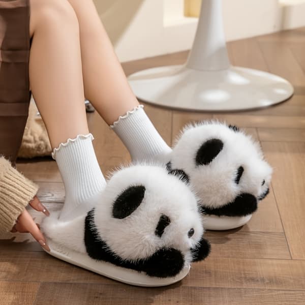 Söta Panda Plyschtofflor För Kvinnor Höst Vinter Inomhus Varma Hustofflor Avslappnade Hemmaskor Black And White EU 38