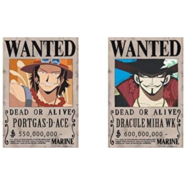 One Piece Wanted Posters 28,5cm×19,5cm, Ny utgave, Luffy 1,5 milliarder, sett med 16 stk