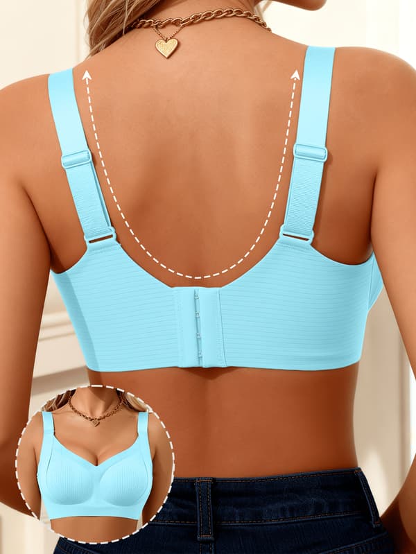 Dame BH med brede stropper, push-up, uten bøyle, komfortabel, pustende, ensfarget, uformell Blue S