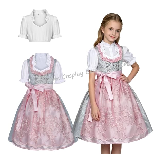 Piger Traditionel Tysk Bayersk Dirndl Kjole Med Forklæde - Halloween & Kostumefest Outfit costume 130