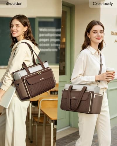 RAINSMORE Lærertaske til kvinder, 15.6\" Laptop Arbejdstaske, 40oz Krusholder{F2} Brown-beige-khaki