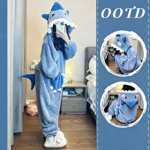 Förtjockad Vinterpyjamas Onesie Korallfleece Huvtröja Sovkläder För Söta Flickor Och Män Hemmakläder Utomhus Bärbar Tecknad Tryck Blue M