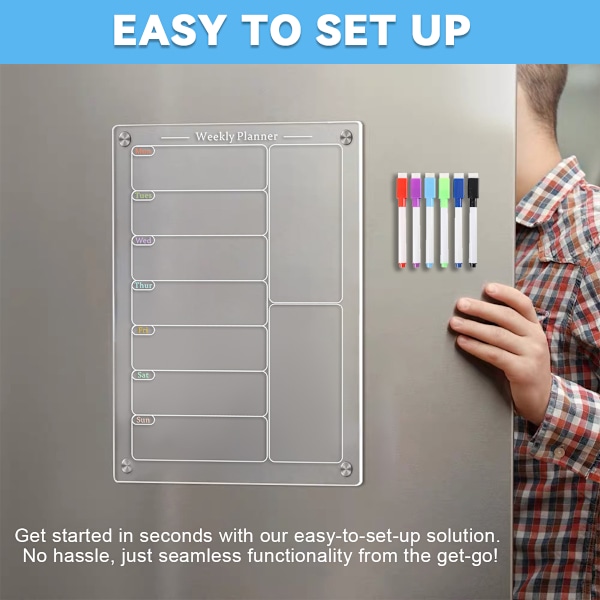 Akryl magnetisk menytavle for kjøkken, akryl ukentlig kalender for kjøleskap, akryl whiteboard for kjøleskap med 6 magnetiske viskelær