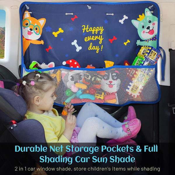 Vauvan auton ikkunasuojat, 1 sarja vauvan auton aurinkosuojia, joissa on verkkotasku ja 7 imukuppia, lapsille, lemmikeille (sininen).
